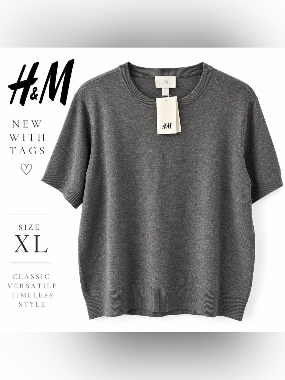 H&M Gray Short Sleeve Knit Sweater Top XL NWT Minimalist Quiet Luxury
